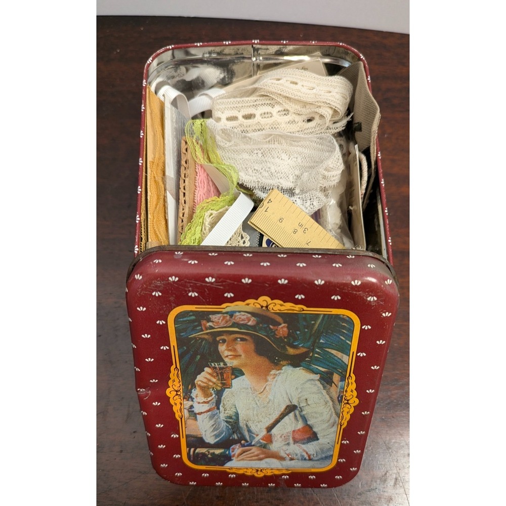 Vintage Sewing Notions Lot 1988 Coca-Cola Tin Wrights Trim Buttons Lace Elastic